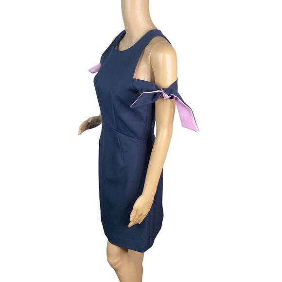 Milly $450 Madison Navy Blue Bow Detail Cold Shoulder A-line Dress SZ 8 - Picture 4 of 12